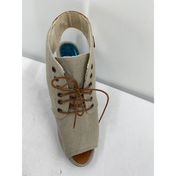 DIESEL Khaki Canvas  Peep Toe Blue Metallic Wedge Heel Shoes Women's Sz 40 (9) - Picture 4 of 12